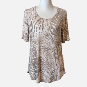 Chico's Travelers Shirt Womens Medium Tan Print Slinky Liquid Knit Artsy Top